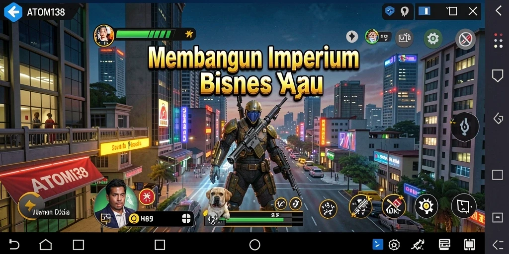 Screenshot ATOM138 menunjukkan pemain mengelola bisnis yang berkembang.