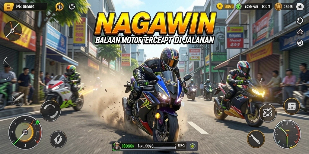 Tampilan gameplay NAGAWIN yang penuh aksi balapan motor.