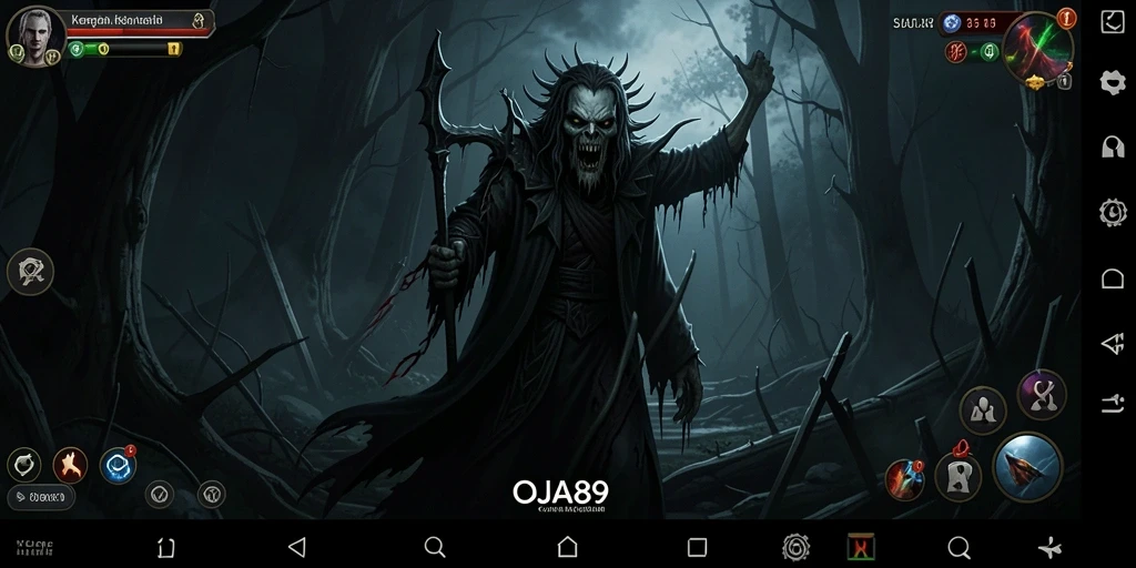 Tampilan gameplay OJA89 yang menampilkan suasana menyeramkan.