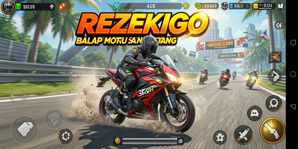 Screenshot gameplay balap motor seru dan menantang di REZEKIGO.