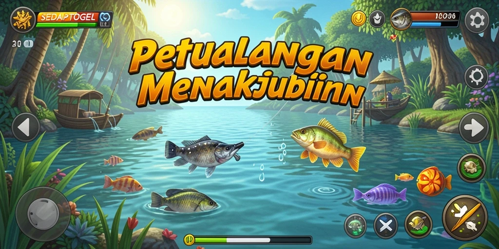 Tampilan gameplay SEDAPTOGEL saat menangkap ikan di danau.