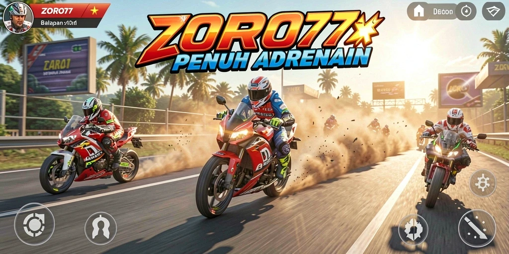 Screenshot utama ZORO77 menampilkan aksi balapan motor yang mendebarkan.